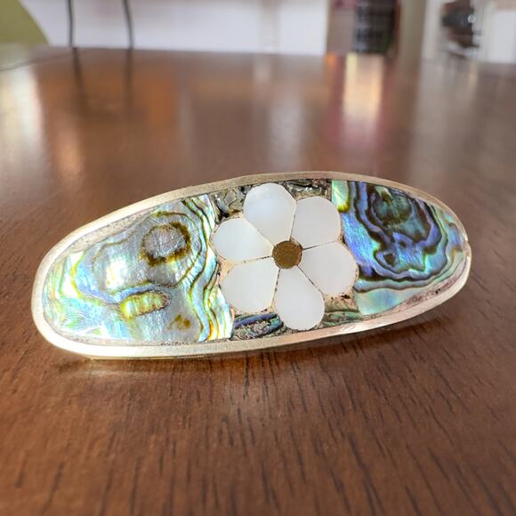 Antique Mother of Pearl Brooch Alpaca Silver with Old Double C Clasp - Picture 6 of 13